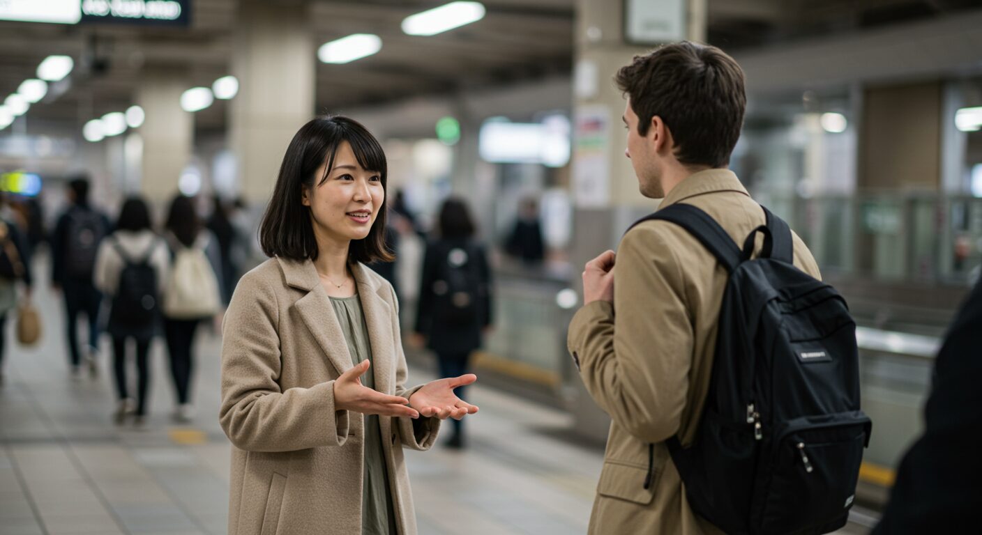 外国人の道案内をする日本人女性