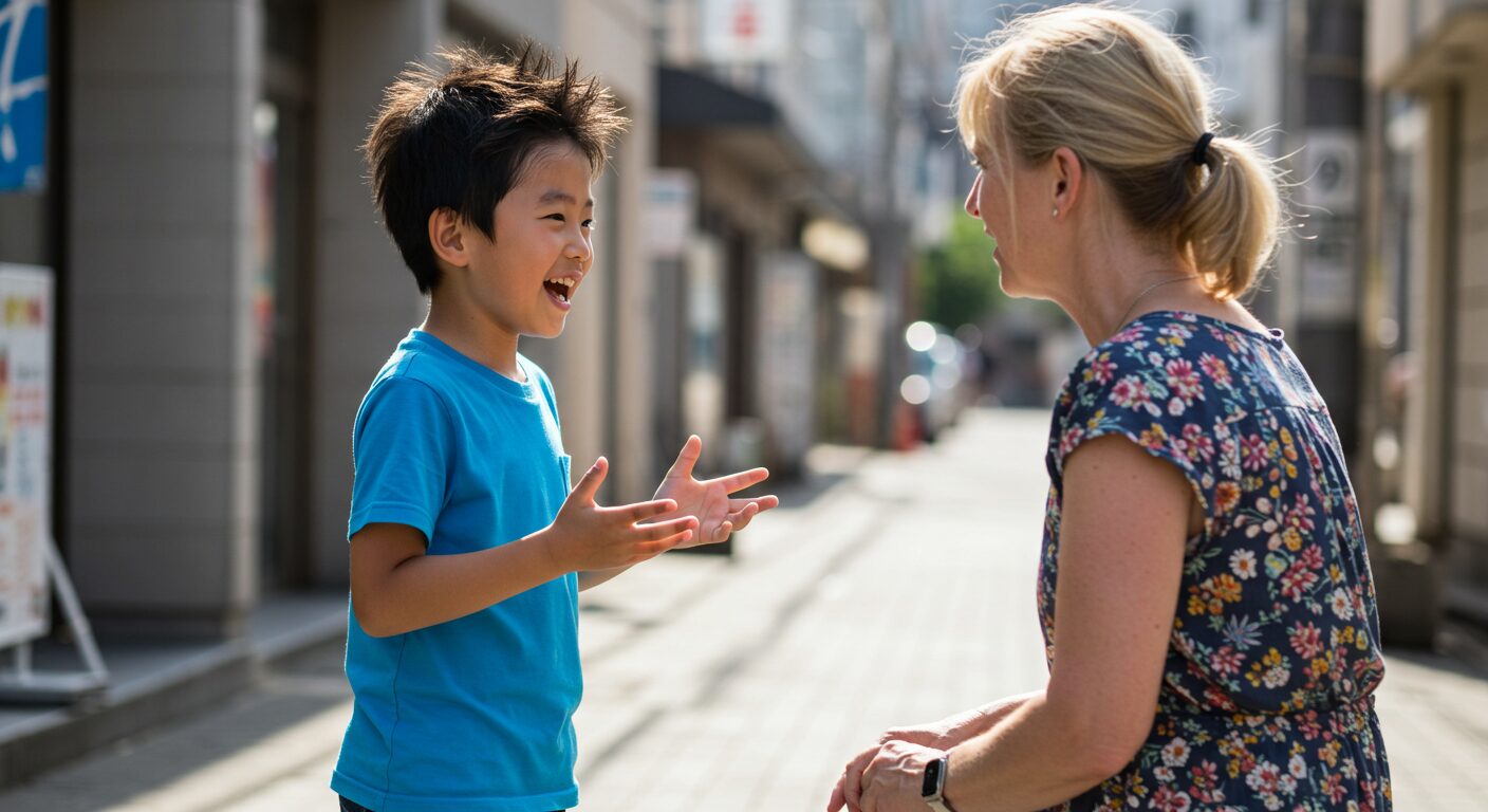 街並で外国人と話す子供